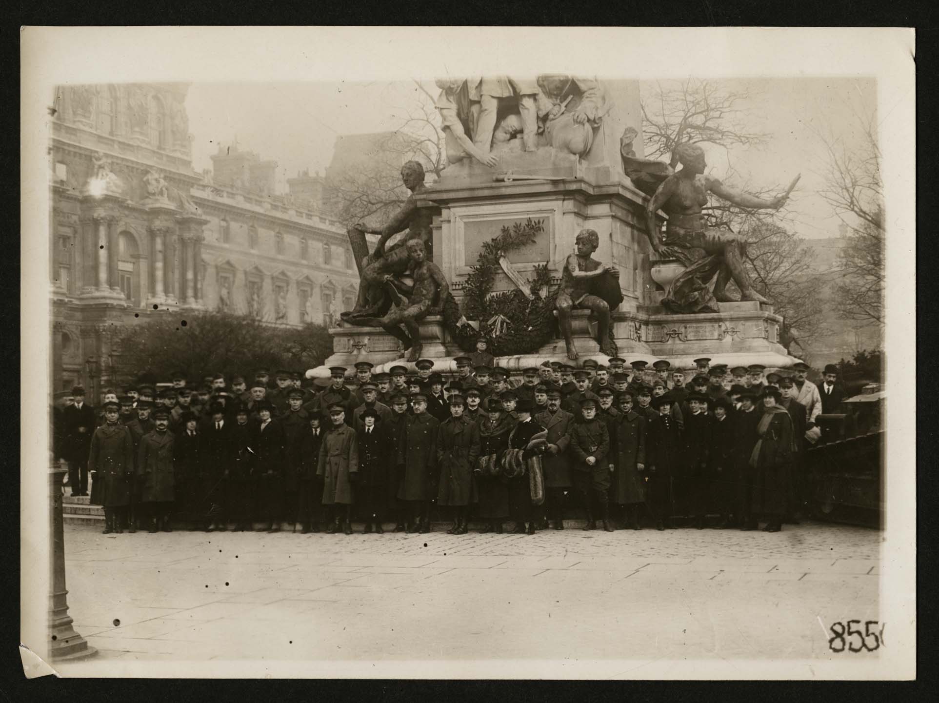General Headquarters staff of the American Red Cross at the foot of the statue of Gambetta, Paris, France
